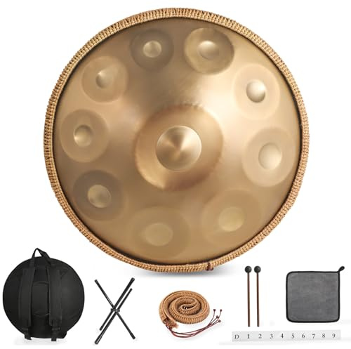 Zanefoo Handpan Instrument, 22 Zoll 10 Note 440HZ Hand Pan Drum Gold Steel Tongue Drum Zungentrommel für Yoga, Meditation mit Handtaschen Trommelstöcken, Trommelständer, Lappen(440Hz-10Töne)