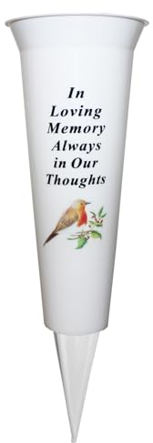 Memorial Grave Flower Pot - 33cm tall Sturdy White Memorial Graveside Flower Vase with Spike and Robin Image (In Loving Memory)