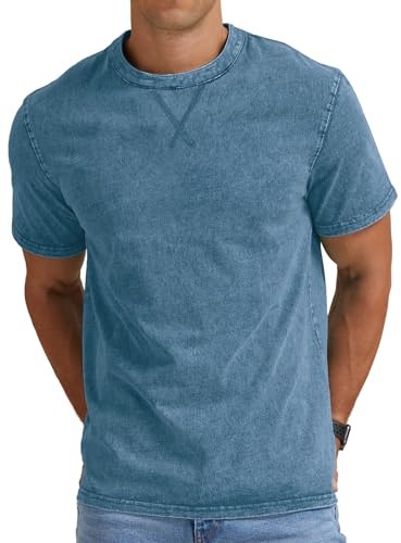 NITAGUT Camisetas de algodón desgastadas para hombre, cuello redondo, estilo vintage, para verano, informal, con mangas cortas, azul vaquero, S