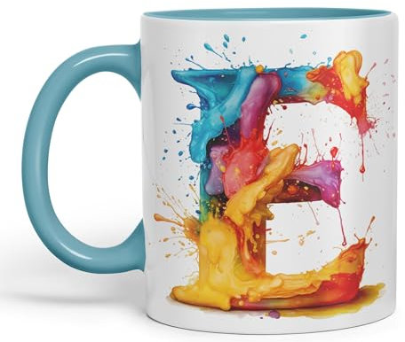 Vixar Letter E Mug, Alphabet Letter E Monogram Watercolour Ceramic Coloured Mug Cup for Tea Coffee Hot Brew 330ml 11Oz Gift (Turquoise)