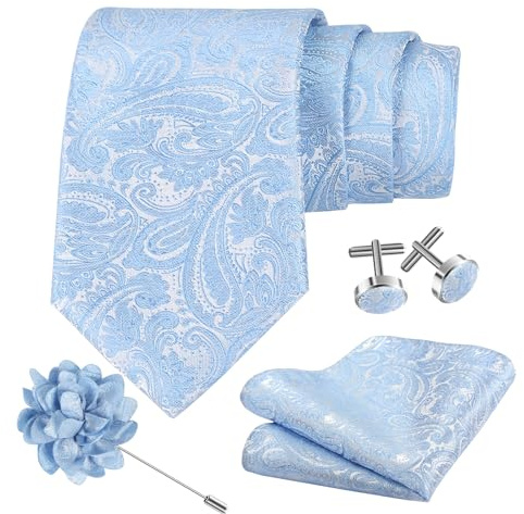 TASTION Mens Light Blue Paisley Ties for Men Classic Wedding Necktie and Lapel Pin Woven Handkerchief Cufflinks Set (Light Blue)