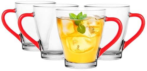 Glasmark KROSNO, 220ml, set da 4, set di bicchieri, bicchieri in vetro con manico, orecchio colorato, bicchiere, tazza, tazza in vetro con cornetta, lavabile in lavastoviglie