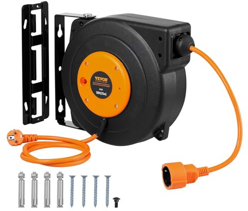 VEVOR Kabeltrommel, 15 m, Kabelaufroller Automatik 1600 W Hochleistungs-Stromkabel mit1 m Zuleitungskabel, Überhitzungsschutz, PP-Gehäuse, 180° schwenkbare Halterung für Decken- oder Wandmontage