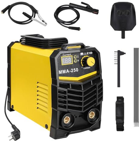 Soldador MMA 250A 220V, Soldador Inverter IGBT,Maquina de Soldar Electrodo Portátil,Mini soldador con pantalla LED,Soldadora portátil,martillo de soldador (Amarillo)