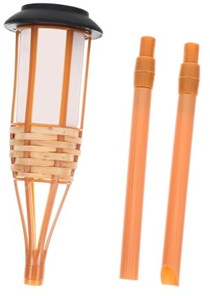 Antorchas Solares de Bambú para Jardín, 12 Unidades Efecto Llama | Luces para Exterior y Patio Trasero, Batería 600mAh, 12 Bombillas, Bambú y ABS, Color Caqui