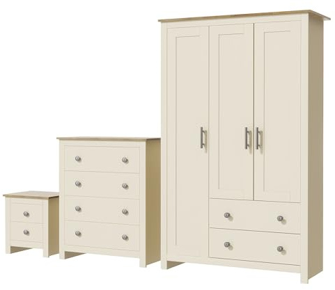 Nera 3 Piece Bedroom Furniture Set 3 Door Wardrobe with Drawer Set Chest of Drawers and Bedside Cabinet Bedroom Storage (Cream on Oak)