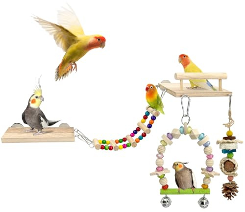 5-in-1 Parakeet Toys Set: Detachable Bird Playground with Wooden Perch, Swing, Ladder, & Platform Cage Accessories for Cockatiel, Conure, Lovebird, Budgie, Finch