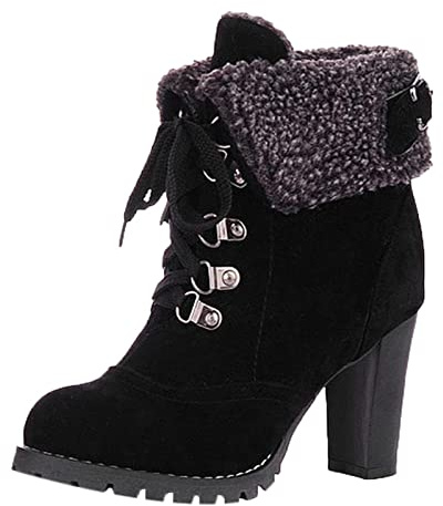 Générique Bottines Talon Hautes pour Femmes Doublure Fourrée Chaude Flock Material Boots Bout Rond Talons Carrés À Lacets Couleur Unie Boots Vintage Antidérapant Chaussures 37-42 EU