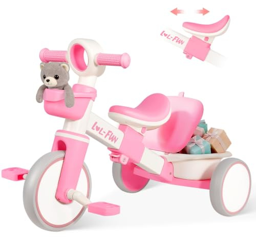 LOL-FUN Kids Tricycle for 1-3 Year Olds with Storage Baskets, Pink