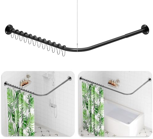 L Shaped Shower Curtain Rail, (60-133cm) x (60-133cm) Extendable Corner Shower Curtain Rail, Curved Shower Rail With 12 Rings & Ceiling Support For Bathroom & Bathtubs, Need Drilling - Matte Black
