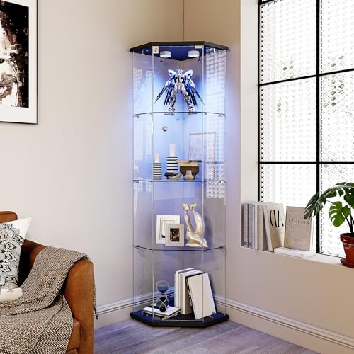 MIOOSUT Vetrina Angolare in Vetro con illuminazione a LED, Espositiva Vetrina a 4 Strati da Collezione con Serratura, per Oggetti da Collezione, Libri, 4 Ripiani 1 Ante, Nero A