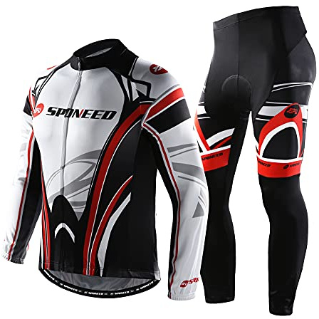 sponeed Men's Biker Jersey Long Sleeve Padded Pants Sets Road Biking Outfit Moisture Wicking Cycle Gear US XL White Red
