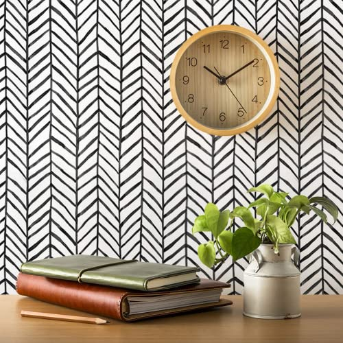 ConCus-T Geometric Wallpaper Black White Herringbone Stripes Waterproof Self Adhesive Vinyl Wall Paper for Living Room Bedroom Bathroom Kitchen 44.5 x 300cm