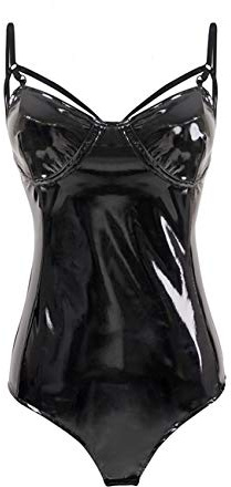 Cacycasa Women's One Piece Halter Jumpsuit Wet Look Leather Leotard Bodysuit (Black-tuzi, Small)