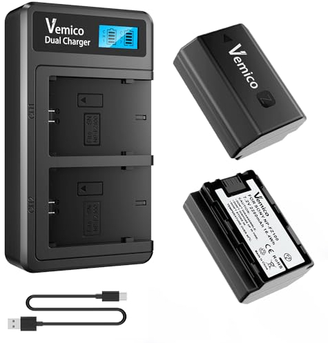 Vemico NP-FZ100 Akku Ladegerät Kit 2 Pack 2280mAh ersatzakku Typ C Dual LCD Ladegerät für A7III/A7 IV/A7R III/A7R3/A9/A9S/A9R/A6600 (Vollkompatibel mit Original)