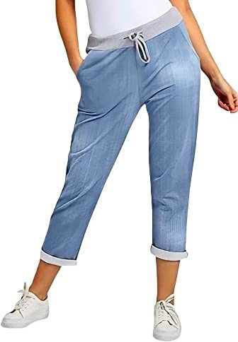 Chilgoza Women’s Ladies Denim Joggers Star Printed Sweatpants Floral Ribbed Waistband Trousers Ladies Casual Summer Italian (Light Denim, 16-18)