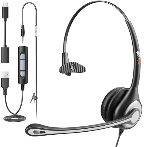 Wantek Auriculares USB con micrófono para PC portátil, 3,5 mm/USB/conector tipo C 3 en 1 con cancelación de ruido y controles de audio, auriculares de equipo para oficina, centro de llamadas, trabajo