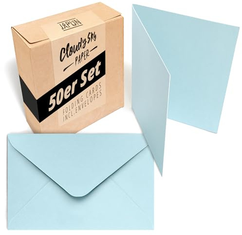 Japun - 50 tarjetas plegables con sobres, formato A6 / C6, azul claro | Set de tarjetas dobles en blanco de 230 g/m² para escribir e imprimir, sobres de 120 g/m² con cierre engomado, sin ventana