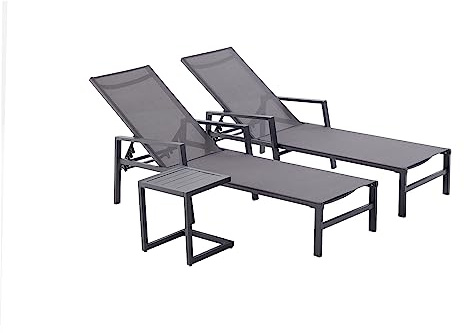 CONCEPT Factory – Lote de 2 tumbonas ajustables con reposabrazos + mesa auxiliar | tumbona de sol | Bari gris oscuro | aluminio textil | ajustable 6 posiciones | jardín terraza playa piscina