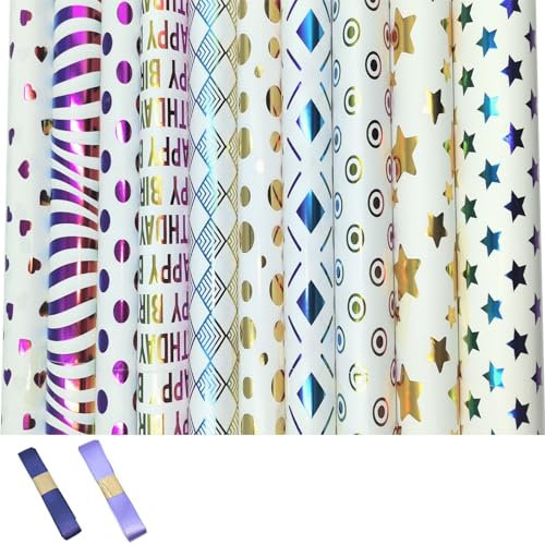 Geschenkpapier, 10 Stück Geburtstagsgeschenkpapier,50cm x 70cm geschenkpapier kinder und 2 Rolle Band,Geschenkpapier für Weihnachten, Kindertag, Valentinstag, Muttertag