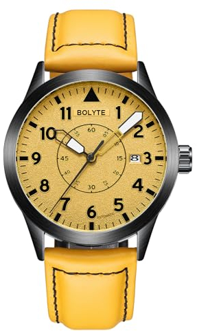 BOLYTE Automatic Mechanical Mens Watches Self Winding Auto Date Military Sports Male Wristwatch with Leather Strap (Yellow)