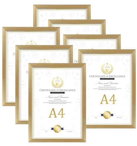 EXYGLO Gold A4 Picture Frame Set of 7, A4 Photo Frames for Wall and Tabletop Diaplay - Ideal for Certificates, Posters, Documents, and Artwork