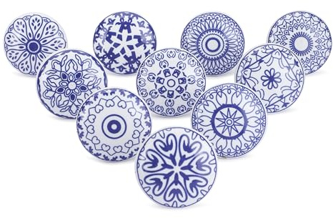 Ajuny Lot de 10 Boutons de Meuble en Céramique Bleu et Blanc – Poignées Imprimées Fait Main pour Armoires de Cuisine, Placards de Salle de Bain, Tiroirs & Commode – Poignées Décoratives