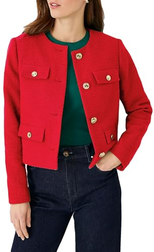 YEXPINE Blazer Court en Tweed pour Femme, élégant, sans col, Tenue décontractée, Rouge, X-Large