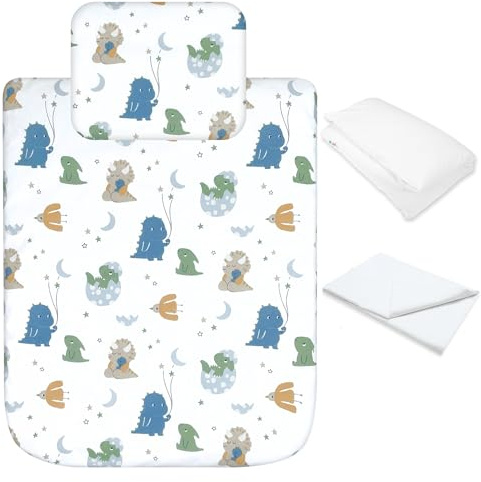 baby idea Babysanity Lenzuola Next To Me Compatibili 4 pezzi: Federa Cuscino, Piumino, Copripiumino, Lenzuolo Angoli per Culla Lettino Neonato - Chicco Kinderkraft Cam Brevi OEKO-TEX - Dinosauro