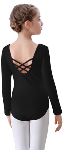 FONLAM Maillot de Ballet Danza para Niña Manga Larga Maillot Gimnasia Traje de Ballet Leotardo Baile Algodón Niña (6-7 Años, Negro)