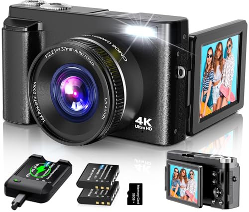 4K Digital Camera for Photography Autofocus, 2024 Latest 48MP Vlogging Camera for YouTube with SD Card, 2 Batteries, 3 180°Flip Screen Compact Travel Camera for Teens with 16X Zoom, Anti-Shake,Black