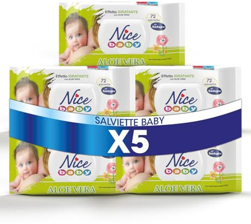 Nice Baby Aloe Vera Salviette per Cambio Pannolino, con Aloe Vera ad Effetto Idratante sulla Pelle, Dermatologicamente Testate, 5 Confezioni da 72 Salviette
