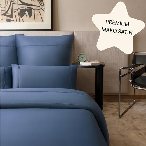 Amqua SORA Ropa de cama de satén 155 x 220 cm, con bordados, incluye funda de almohada de 80 x 80 cm, color azul, ropa de cama de satén de 155 x 220 cm, como ropa de cama de seda o algodón egipcio,