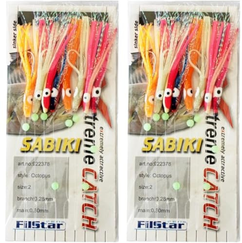 PRO Filstar Set di 2 Sabiki Octopus Rig - 8 Ami da Pesca N2 - Filo da Pesca Fluorocarbon DIA 0,30mm - Esche Artificiali con Polpo - Kit Pesca per Sgombro