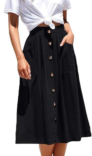 Basicspace Midi Röcke für Frauen hohe elastische Taille plissiert A Linie Midi Rock lässig Knopf vorne ausgestellte Schwarz Röcke mit Taschen（L,Schwarz