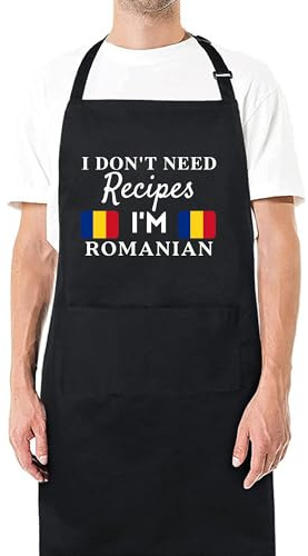 Be Buz I Don't Need Recipes, I'm Romanian Adjustable Long Apron with two Pockets Chefs Home Cooks Baking Cooking Kitchen Grilling and BBQ Apron gift for him her