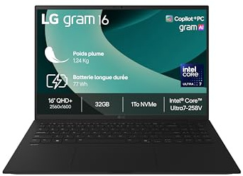 LG Gram 16Z90TL-G.AU88F - PC Portable 16 1239g, écran DCI-P3 99% QHD+ Format, Intel® Evo™ Ultra7, RAM 32Go, SSD 1To NVMe, Intel® Arc™ Graphics, Windows 11 Home Next Gen. Premium, Noir Obisidien