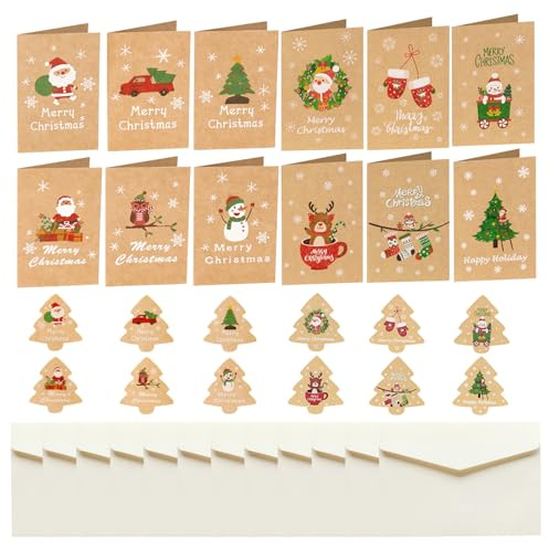 Tbintul 12 Pièces Cartes de Noël, Carte Joyeux Noel avec Enveloppes, Papier Kraft Carte Cadeau de Noël pour Amis, Famille, Collègues