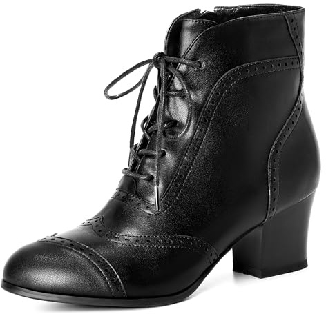 COOLCEPT Stivali alla caviglia con lacci da donna vintage vittoriani con cerniera, Block Heel Nero, 40 EU