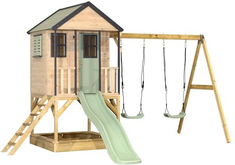 Wendi Toys Caseta Infantil de Madera FSC para Jardín con Tobogán y Columpio, 290×405×242 cm, con Arenero y Plataforma Elevada, Casa de Juegos Exterior Resistente, Verde Pastel - M60PGN
