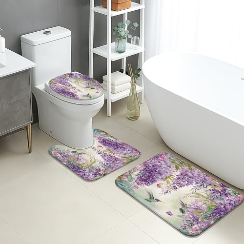 3 Piezas Juego De Alfombra De Baño Diseño Flower Elegante Lavanda Juego De Alfombrillas De Baño por Encargo Lavable Alfombras De Cama, para Dormitorio, Cocina, Bathroom