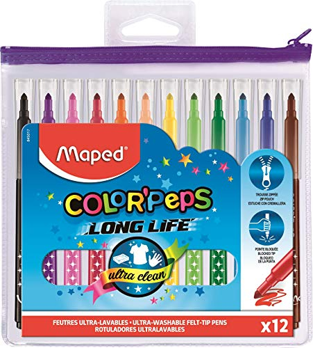 Maped Long Life Filzstifte, 12 Stück, sehr waschbar und langlebig, mittlere Spitze, blockiert, lebendige Farben, ideal für den Schulanfang, aus Kunststoff, mit Reißverschluss