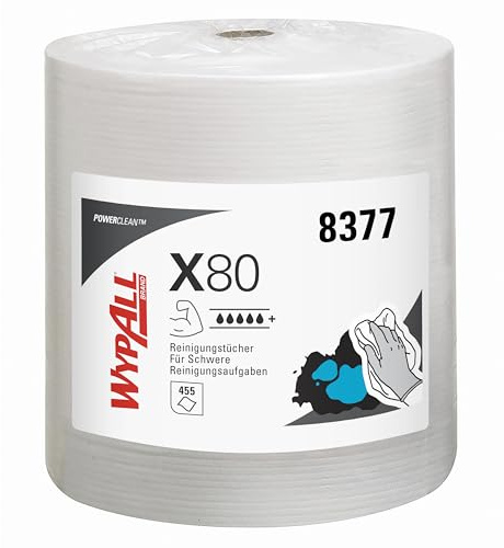 WypAll X80 Power Clean Tücher, 1-lagige, industrielle Reinigungstücher mit Hydroknit-Technologie, wiederverwendbar, auf rauen Oberflächen geeignet, 1 Großrolle x 455 Wischtücher, Artikel-Nr. 8377