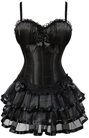 Grebrafan Gothic Padded Cup Boned Corsets with Multi Layer lace Skirt (UK(6-8) S, Black)