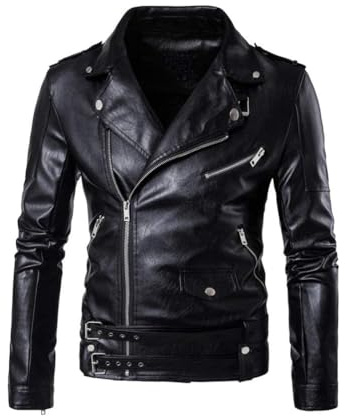 PASOK Men's PU Leather Jacket Causal Belted Faux Leather Motorcycle Jacket Zipper Biker Coat Black XL