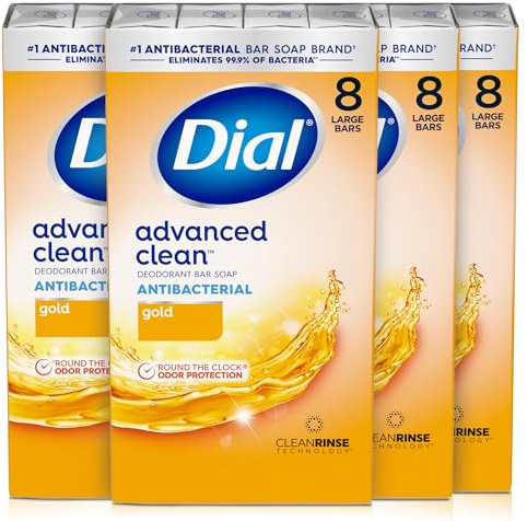 Dial Antibacterial Deodorant Bar Soap, Advanced Clean Gold, 4 Oz, 32 Bars, Round the Clock Odor Protection, Dermatologist Tested, With Clean Rinse Technology