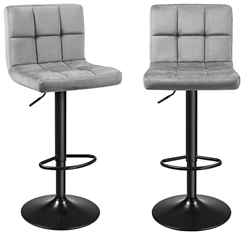 SONGMICS Barhocker, 2er Set, Barstühle, mit Samtbezug, höhenverstellbar, Drehstühle, Küchenstühle mit Rückenlehne und Fußstütze, Metall, hellgrau LJB014G02