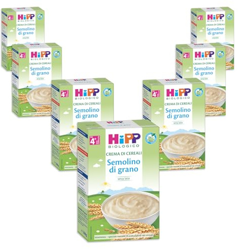 HiPP - Crema di Cereali Istantanea per Neonati, con Semolino di Grano Duro 100% Biologico, Senza Zuccheri Aggiunti, 7 Confezioni da 200 gr, Pappa Pronta Neonato