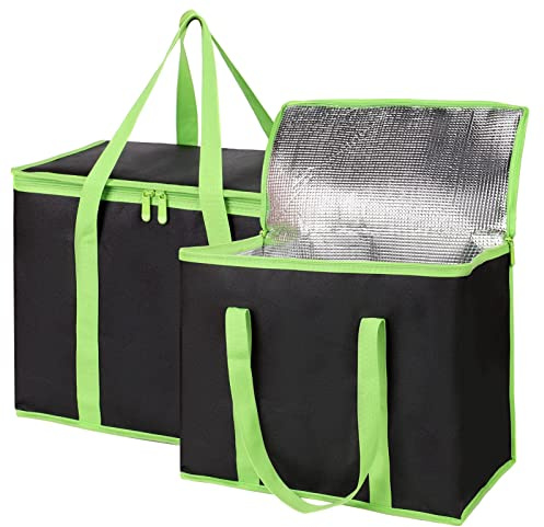Bodaon 4-Pack Insulated Pizza Delivery Bags, X-Large Reusable Grocery Shopping Bags, Black with Green Edge