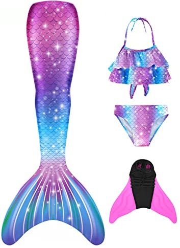 BAWADE Meerjungfrauenflosse Mädchen Meerjungfrau Flosse mit Bikini Setfür Kinder und Monoflosse（4 Stück）
